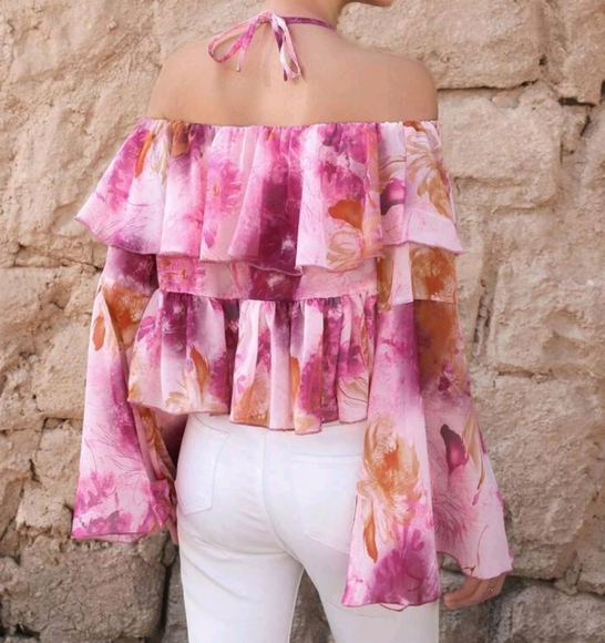 Elegant French Floral Print Ruffle Trim Loose Fit Asymmetric Neck Long - Picture 2 of 4